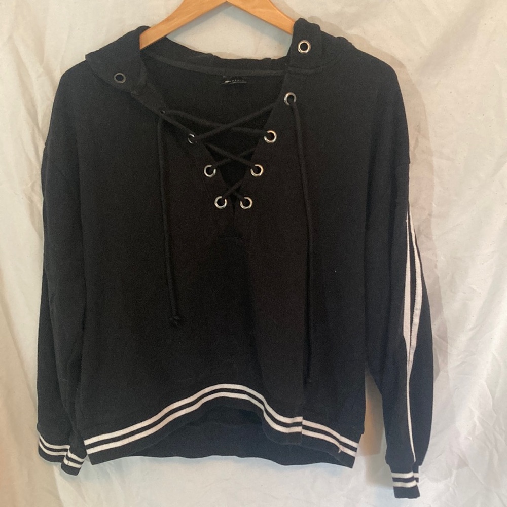 Black Sporty Lace-Up Hoodie with white Stripes